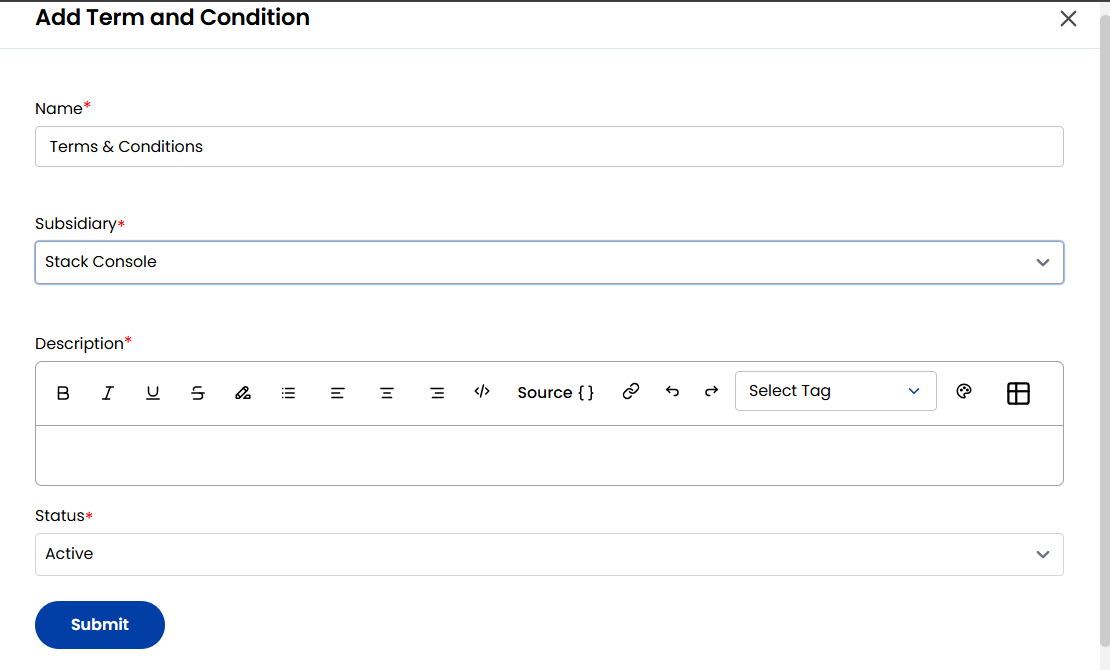 Add New Terms and Conditions Form