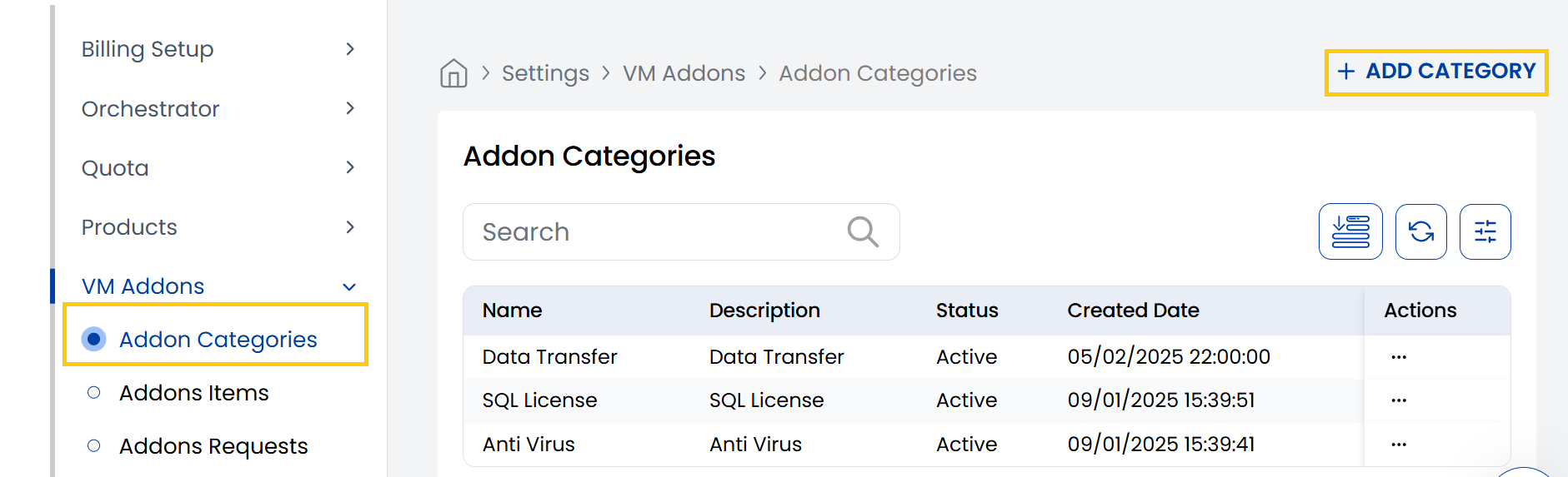 Add VM Addon Category