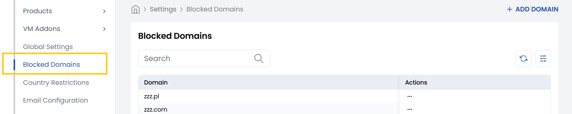 Blocked Domain Management Screen