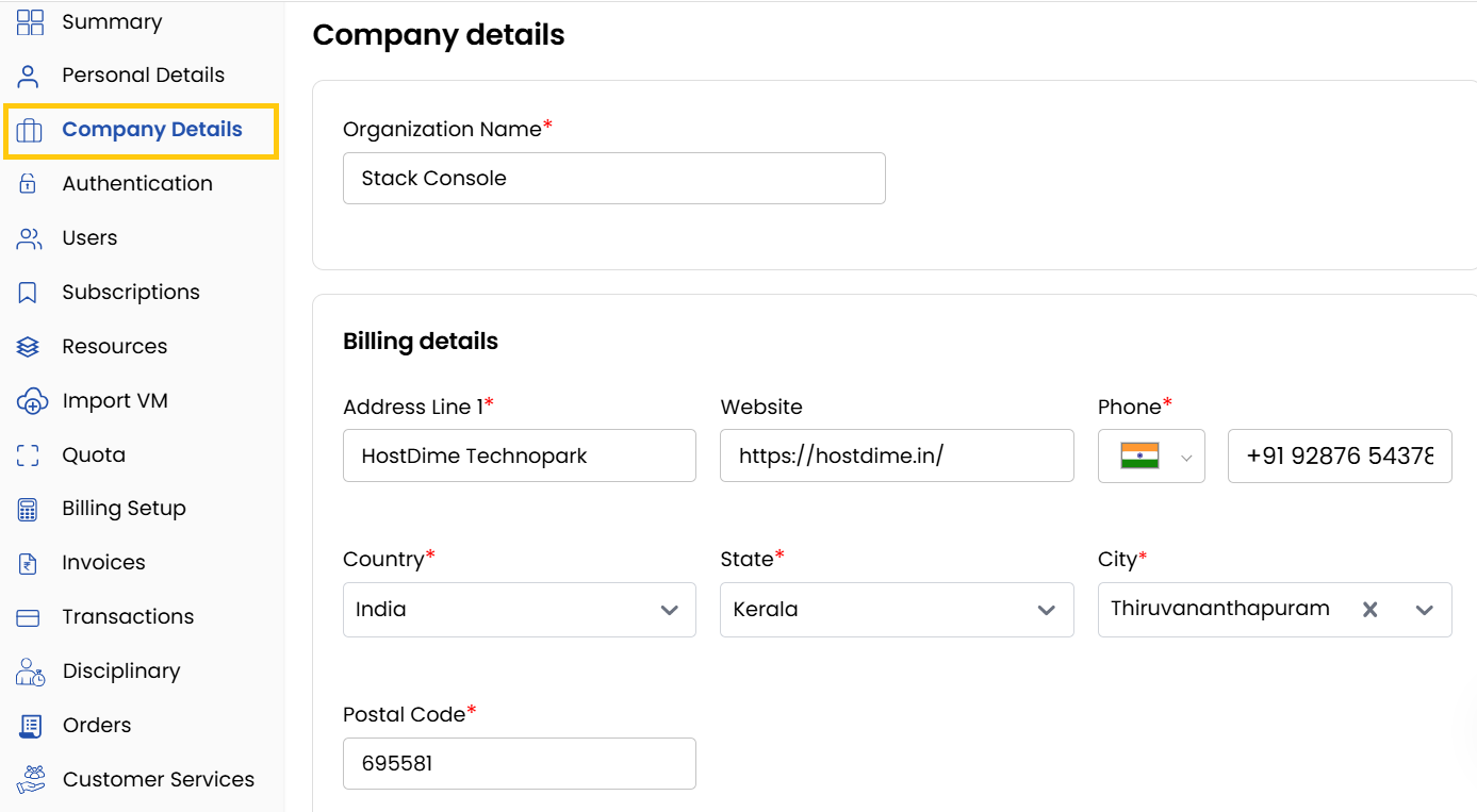 Company Billing Details