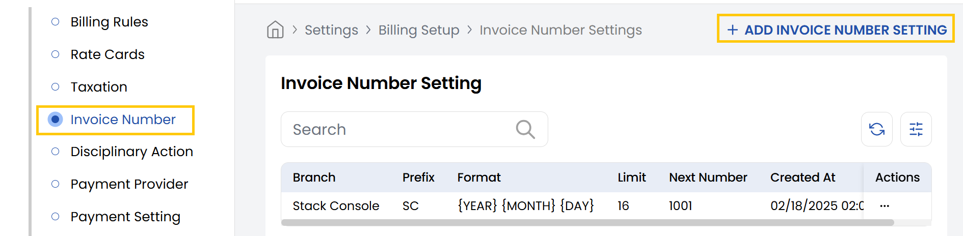 Invoice Number Settings