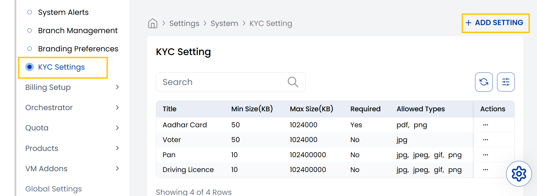 KYC Settings Dashboard