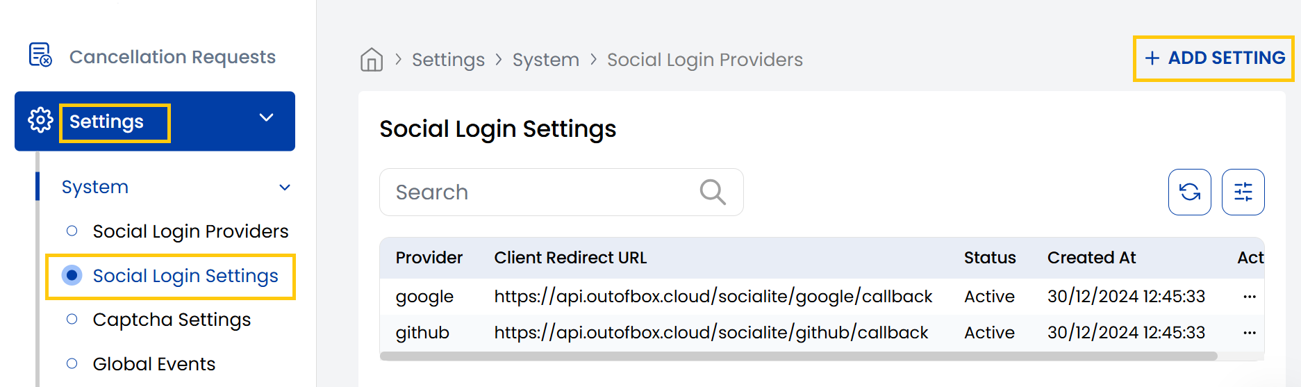 Social Login Settings Dashboard
