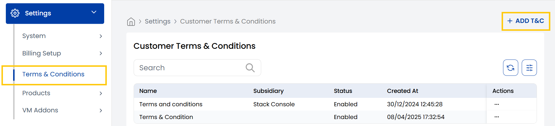 Terms and Conditions List View