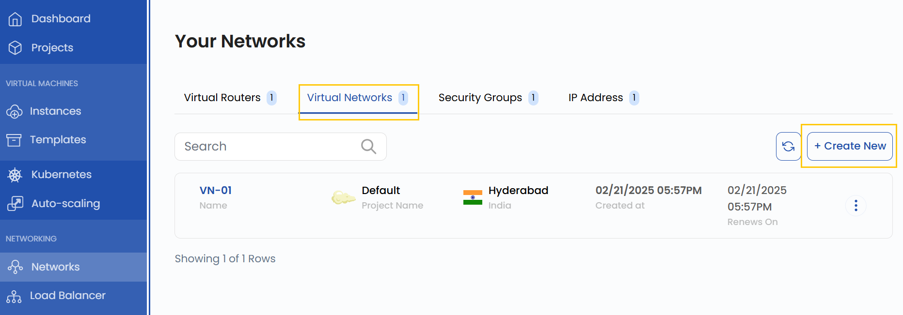Virtual Networks Tab