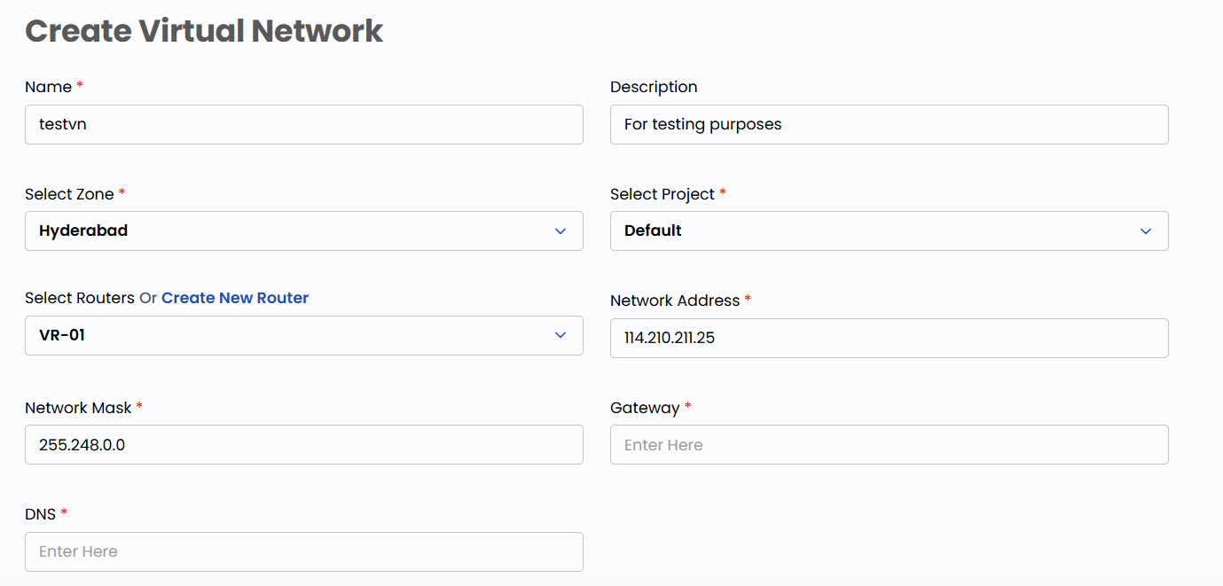 Virtual Network Form